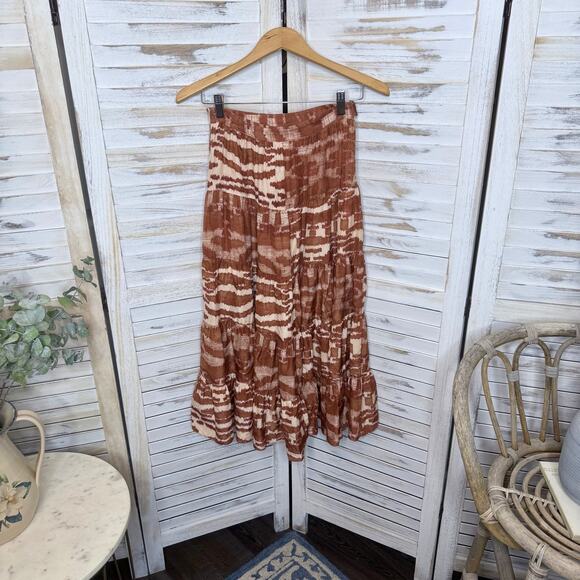 ULLA Johnson 0 Women's 100% Silk Aisa Tiered A Line Midi Skirt Fawn Ikat Print - Picture 5 of 16